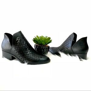 black laser cut pointed toe ankle bootie